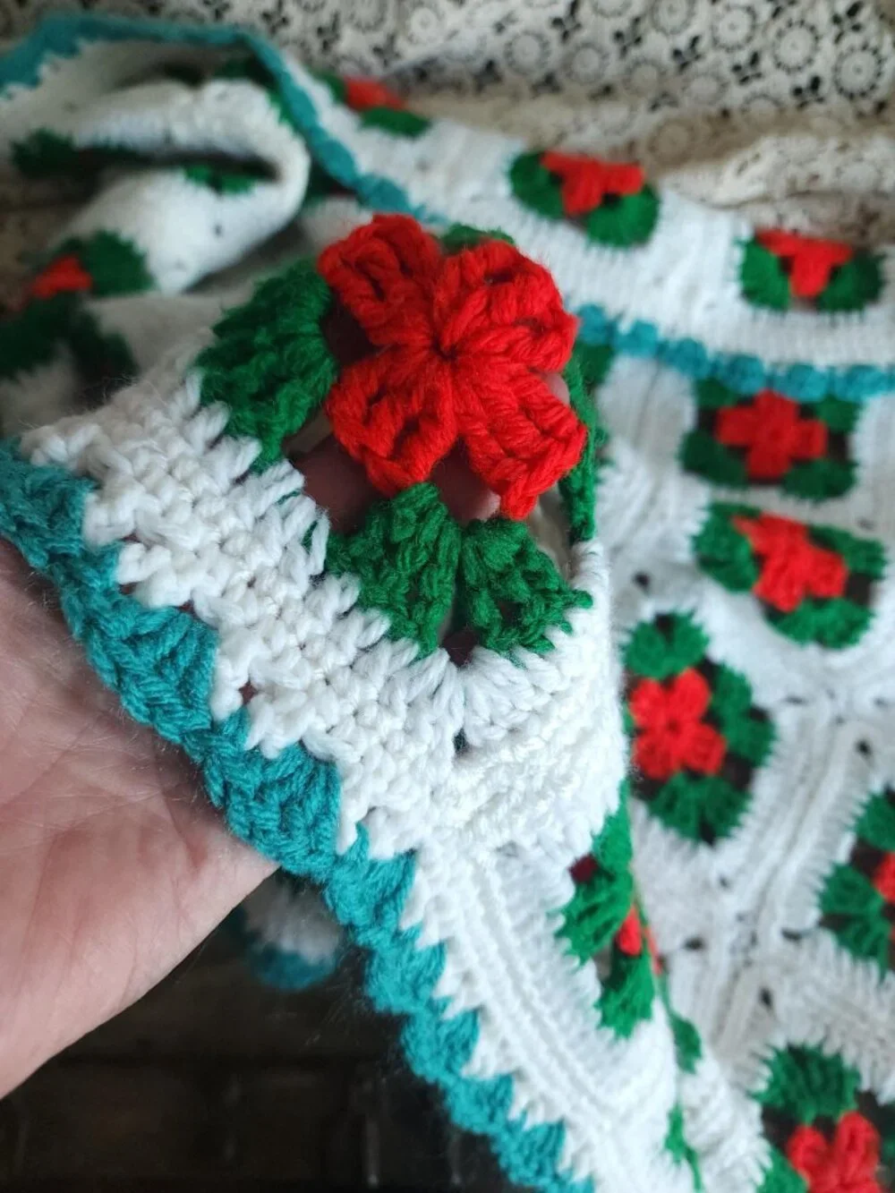 Vintage 1970s Afghan, Granny Square Crochet Lap Blanket, Red Green White Poinset
